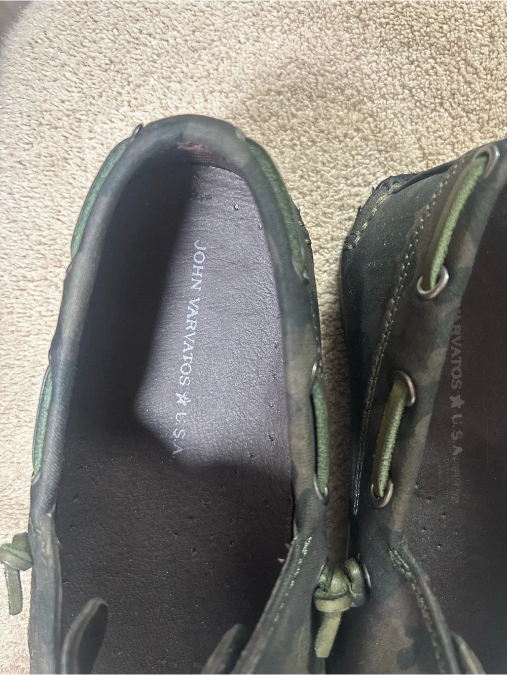 JOHN VARVATOS USA DARK CAMO PATTERNED SCHOONER BOAT SHOES. New size 9